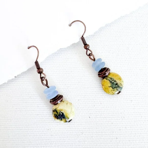 Serpentine Stone & Copper Boho Dangle Earrings - Picture 6 of 10